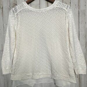 Lucky Brand Linen Blend Sweater Small Ivory Crochet Lace Boho Lagenlook EUC